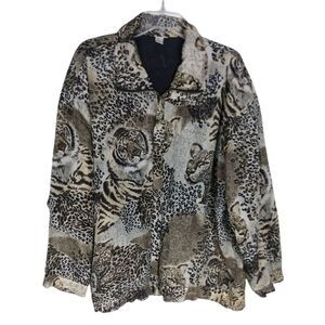 Vintage CoAco Lightweight Animal Print Silk Zip Jacket‎ 2X Safari Black Brown